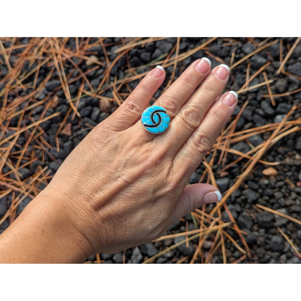 Zuni Hummingbird Ring Kingman RoundTurquoise Native American Jewelry Sz 7.75US**